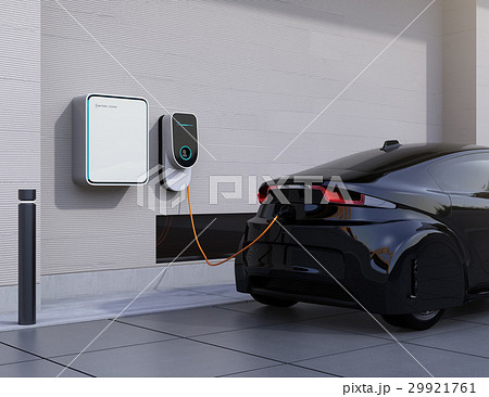 黒色の電気自動車、壁掛け式EV充電スタンドと蓄電池のイメージ。 黒色の電気自動車、壁掛け式EV充電スタンドと蓄電池のイメージ。 29921761