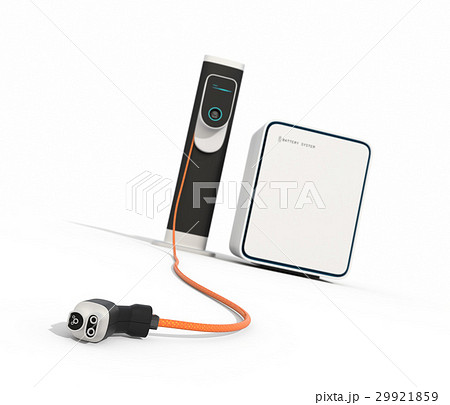 白バックにあるEV急速充電スタンドと蓄電池のイメージ。 29921859