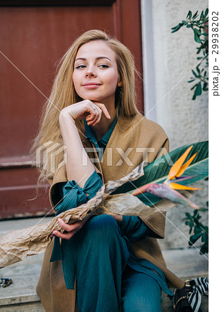 Young woman real estate city building door 29938202