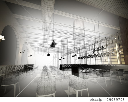 sketch design of   interior restaurant, 3d render sketch design of   interior restaurant, 3d render 29939793