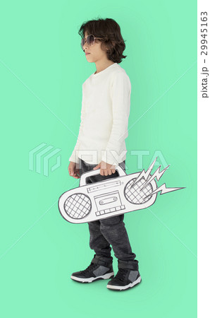Caucasian Little Boy Holding Fake Jukebox Caucasian Little Boy Holding Fake Jukebox 29945163