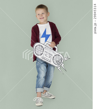 Portrait of a Little Blond Caucasian Boy with a Radio Isolated Portrait of a Little Blond Caucasian Boy with a Radio Isolated 29945314