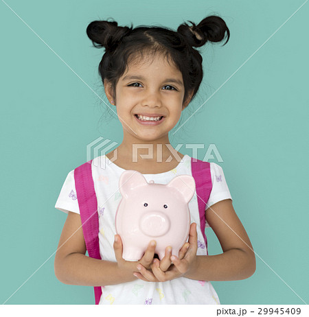 Kid Studio Shoot Gesture Piggybank Holding 29945409