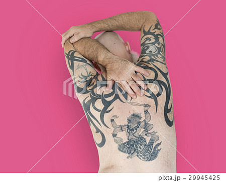 Senior Adult Man Rear View Hanuman Tattoo Spiritual Arts 29945425