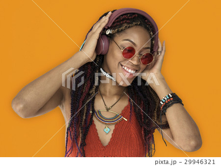 African Woman Smiling Happiness Headphones Music Entertainment African Woman Smiling Happiness Headphones Music Entertainment 29946321
