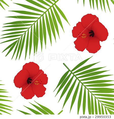 Red hibiscus and palm leaves seamless pattern. 29950353