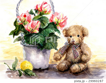 花とぬいぐるみのイラスト素材
