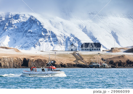 Small fishing boat goes in bay of Reykjavik 29966099