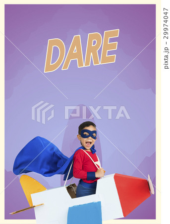 Superhero kid boy with paper plane toy and aspiration word graphic 29974047