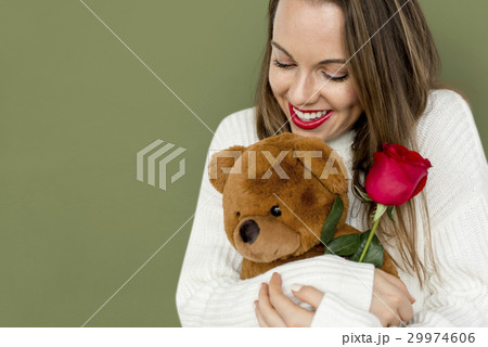 Young Lady Hugging Teddy Rose Smiling Young Lady Hugging Teddy Rose Smiling 29974606