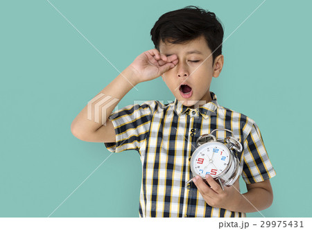 Little Boy Wake Up Holding Clock 29975431