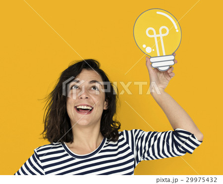 Woman Hold Light Bulb Think Ideas Create 29975432