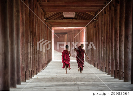 Back side of Buddhist novice are walking in pagoda 29982564