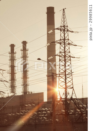 Industrial landscape. Sunset over the power line a 29985611
