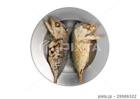 Fried mackerel on Stainless steel plate on white 29986322