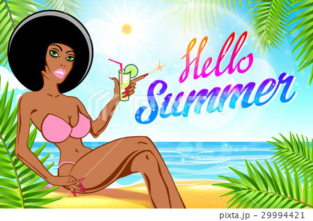 The black girl with a cocktail on a beach. vector The black girl with a cocktail on a beach. vector 29994421