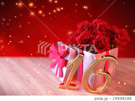 birthday concept with red roses in gift on wooden 29998288