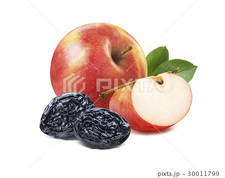 Single red apple and dry plums isolated on white 30011799