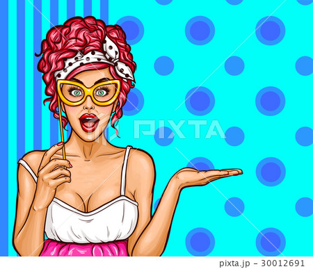 Vector pop art excited woman with a lorgnette Vector pop art excited woman with a lorgnette 30012691