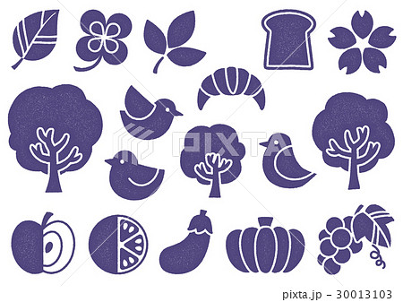 木プリント風 マークイラスト2 紫 植物 食べ物 鳥のイラスト素材
