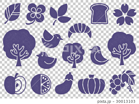 木プリント風 マークイラスト2 紫 植物 食べ物 鳥のイラスト素材