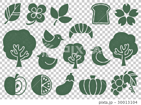 木プリント風 マークイラスト2 緑 植物 食べ物 鳥のイラスト素材