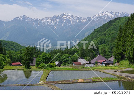 信州 白馬村 青鬼(あおに)集落 棚田から北アルプスをのぞむ 伝統的建造物群保存地区 信州 白馬村 青鬼(あおに)集落 棚田から北アルプスをのぞむ 伝統的建造物群保存地区 30015072
