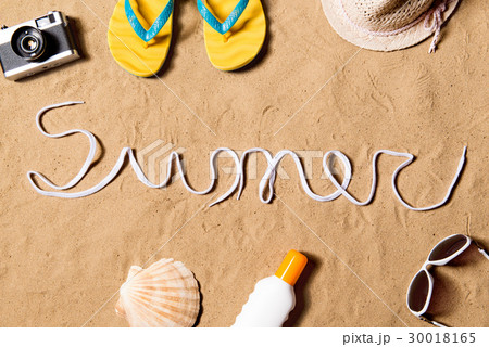 Summer vacation composition. Flip flops, hat and Summer vacation composition. Flip flops, hat and 30018165