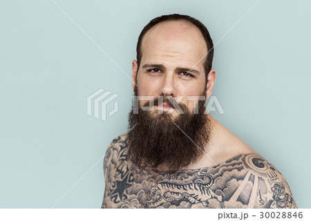 Caucasian Man Bare Chested Tattoo Beard 30028846