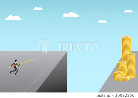 businessman run with apole to jump over a cliff  30032256