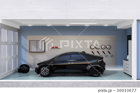 パステルカラーのガレージに止まっている黒色のクルマのイメージ。 30033677