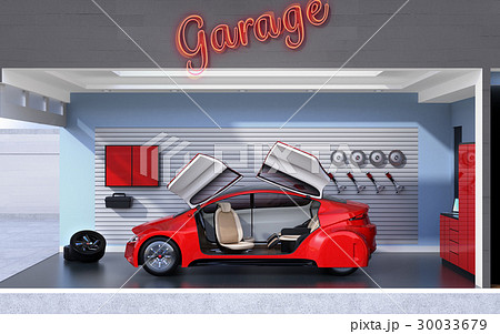 パステルカラーのガレージに止まっている赤色のクルマのイメージ 見せるガレージのコンセプトのイラスト素材