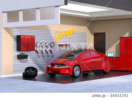 赤色電気自動車が止まっているガレージのイメージ のイラスト素材