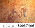 Steel Key hanging on a hook in wooden wall. 30037406