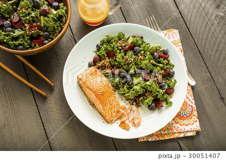Salmon with salad on plate Salmon with salad on plate 30051407