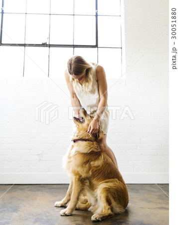 Young woman playing with golden retriever Young woman playing with golden retriever 30051880