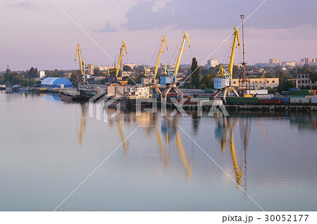 Ukraine, Dnepropetrovsk, Commercial dock at sunset 30052177