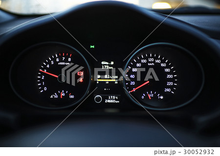 Stylish black car interior close-up details 30052932