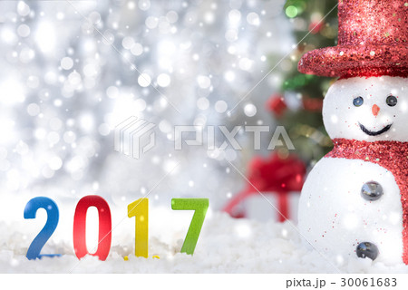 Snowman on snowfall with 2017 text 30061683