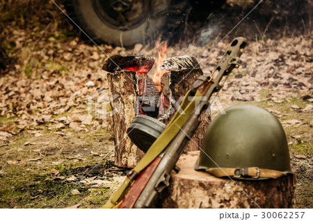 The weapon and helmet of the Soviet soldier The weapon and helmet of the Soviet soldier 30062257