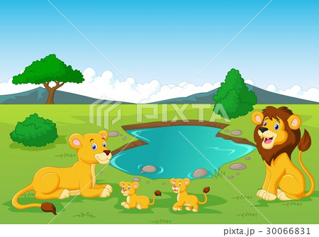 Cartoon lion family near watering hole 30066831