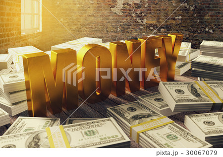 Pile of dollar money with golden money letters 30067079