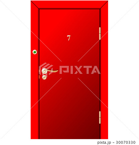 Closed red door with doorbell 30070330