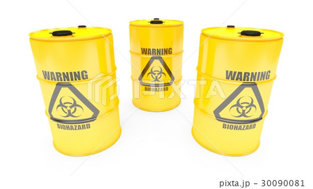 3D rendering biohazard barrels on white background 30090081