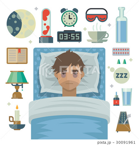 Young man with sleep problem insomnia and items. Young man with sleep problem insomnia and items. 30091961
