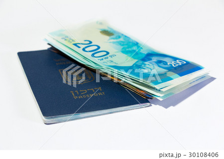 Israeli money bills of 200 shekel and passport 30108406