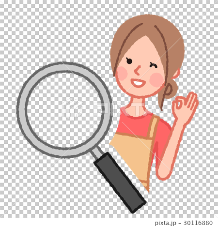 A woman with a magnifying glass and an OK sign A woman with a magnifying glass and an OK sign 30116880