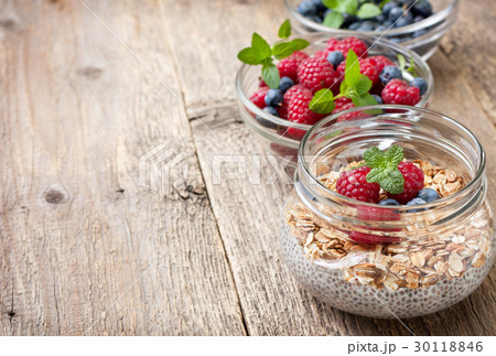 Chia pudding with muesli, raspberries, blueberries 30118846