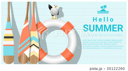 Hello summer background with lifebuoy and paddle 30122260