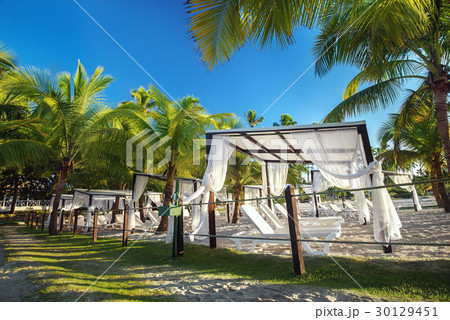 beach with sun loungers and gazebo beach with sun loungers and gazebo 30129451
